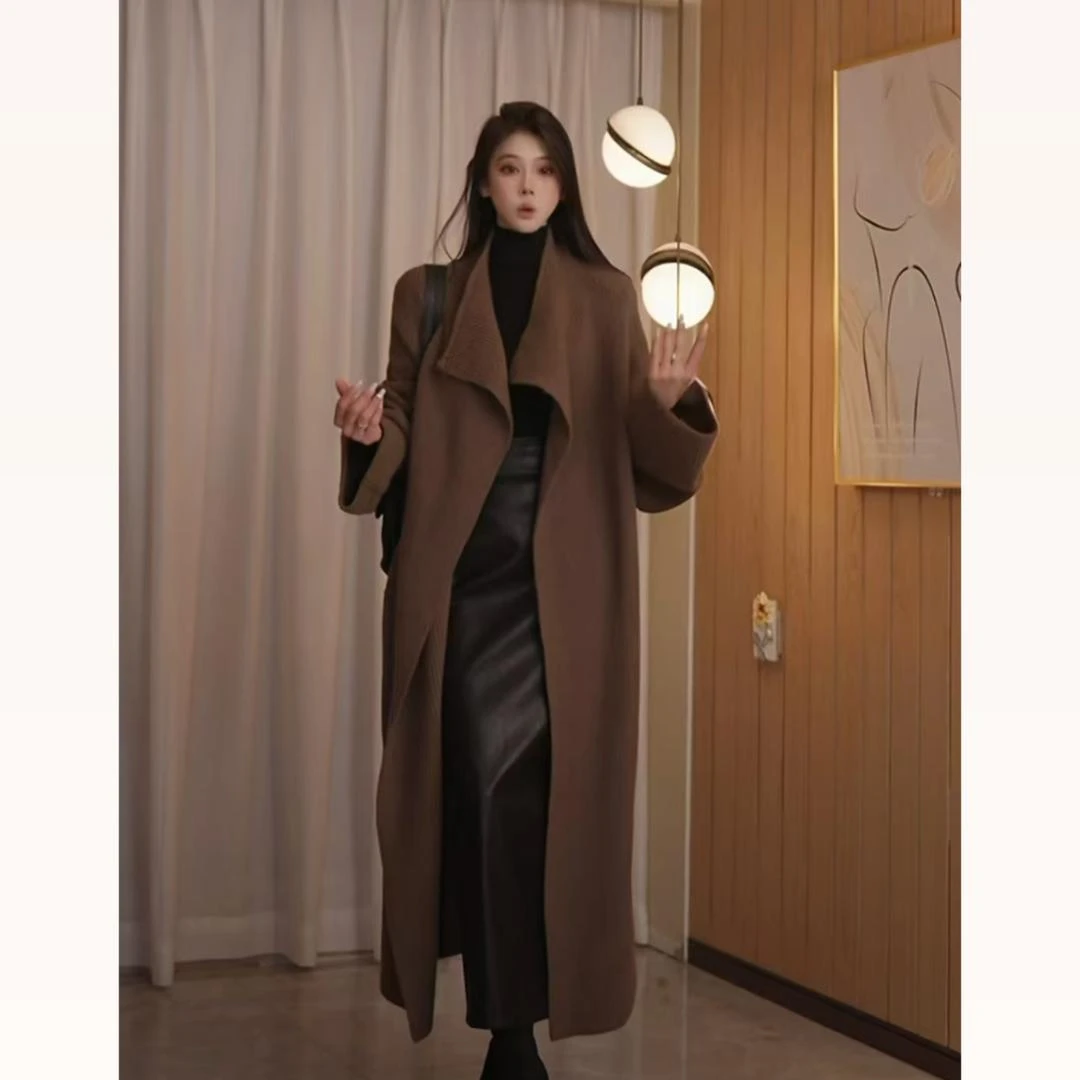 高克重 中长款时尚慵懒翻领开衫毛衣风衣宽松外套01243