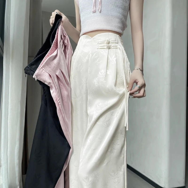 新中式缎面提花阔腿裤女春夏季高腰垂感显瘦国风盘扣休闲直筒裤子