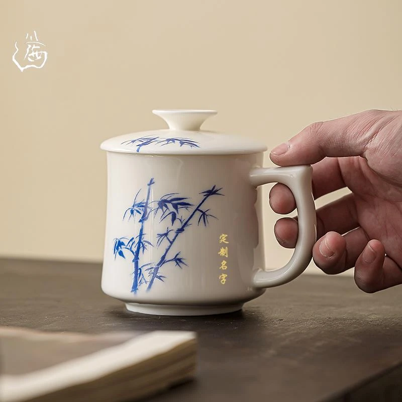 羊脂玉瓷茶杯个人专用办公室马克杯带盖新款水杯家用杯子定制