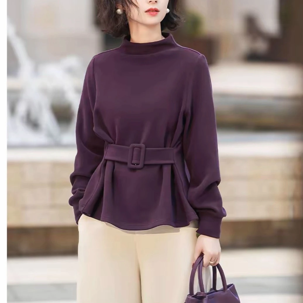 双面加绒港风时髦气质中高领长袖套头秋冬韩系腰带设计感女士上衣