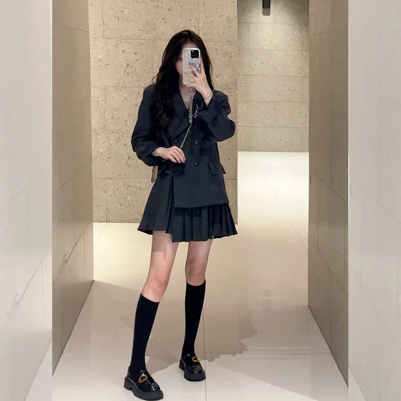 壹壹【格林少女】设计感假两件西装拼接压褶连衣裙 2309D04