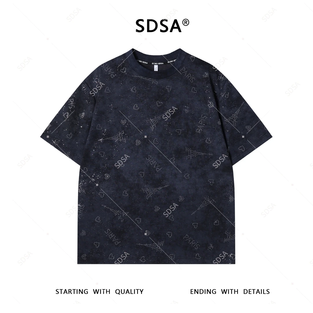 SDSA夏季新款男士痞帅简约满天星烫钻字母爱心圆领短袖T恤百搭