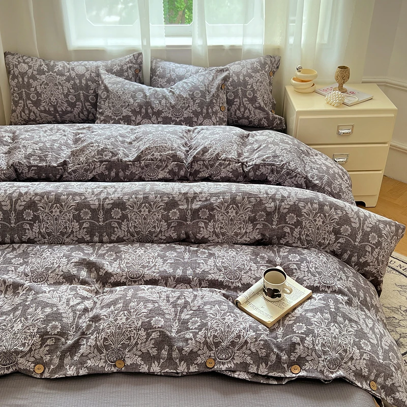 【四件套】原麻复古印花纽扣款学生宿舍床上三件套被套被罩四件套