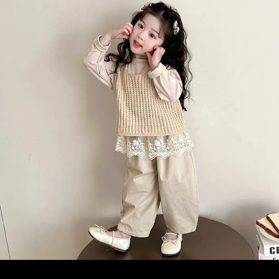 女童春装毛衣套装2025新款女孩洋气背心马甲打底衫儿童春秋三件套