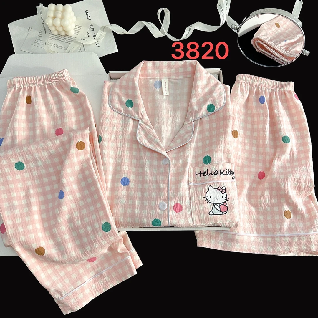 【粉格波点kt】睡衣女夏季云朵棉短袖短裤长裤三件套卡通家居服