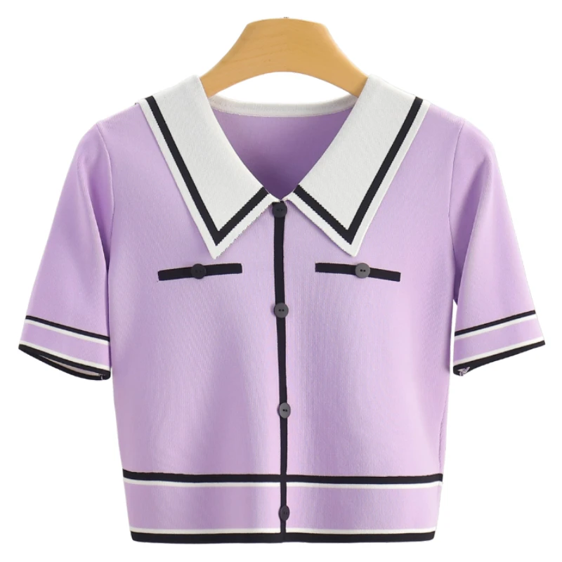 F1990-【芭】装饰扣拼色翻领修身短袖针织衫#RKF56M017