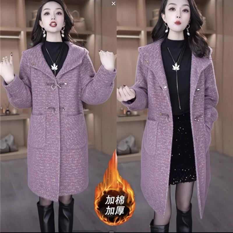 毛呢外套女中长款加棉加厚呢子大衣秋冬妈妈装高级感连帽气质棉衣