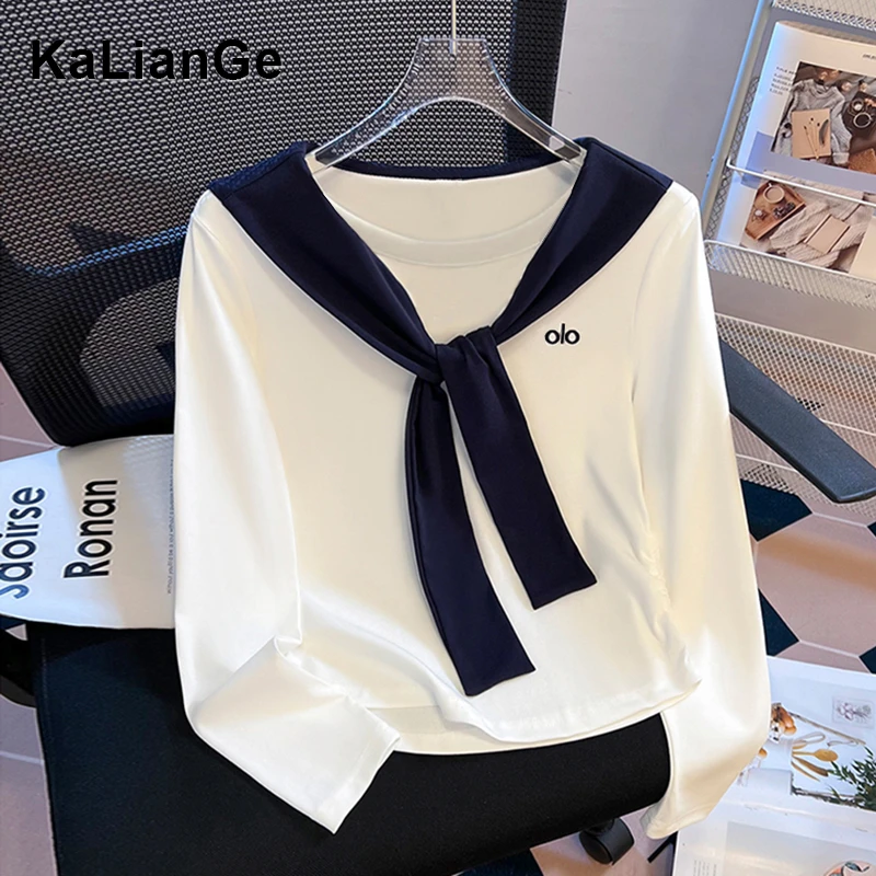 卡莲格/海军风披肩圆领打底衫上衣女秋季胖mm显瘦褶皱字母长袖T恤