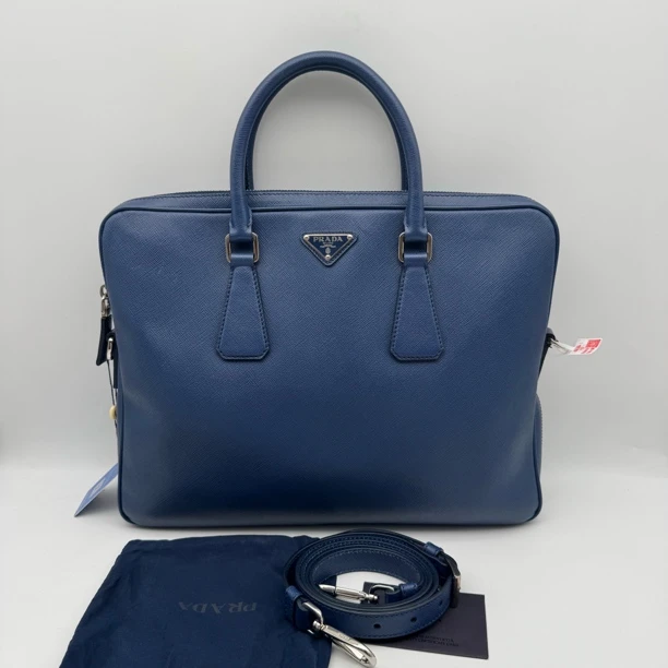 95新 Prada/普拉达 97新深蓝色十字纹手提公文包/2524