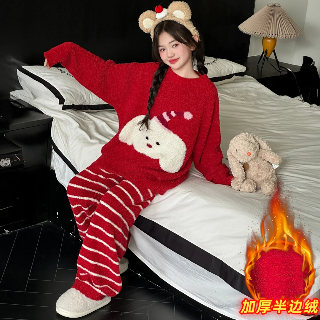 女童秋冬季半边绒睡衣2025新款儿童女孩加绒保暖套装女大童家居服