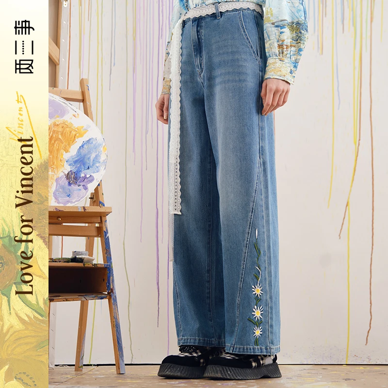 两三事梵高文艺若菊几何2025春新款复古绣花蕾丝腰带阔腿牛仔裤女