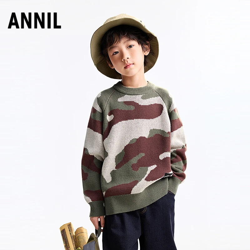 安奈儿男童炫酷迷彩圆领毛衣2025冬新款蓬松软糯毛衫EB544549