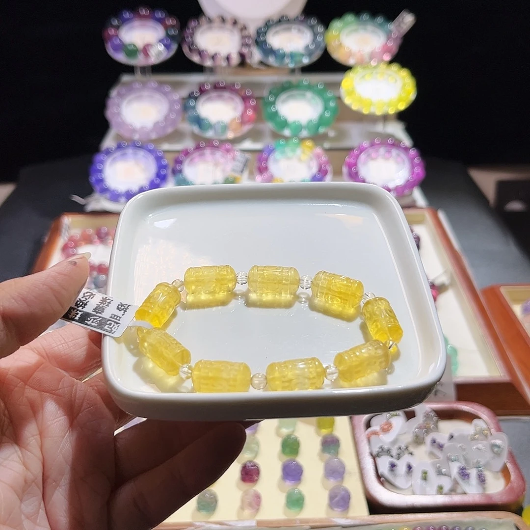 萤石手链未镶嵌亮黄色桶珠