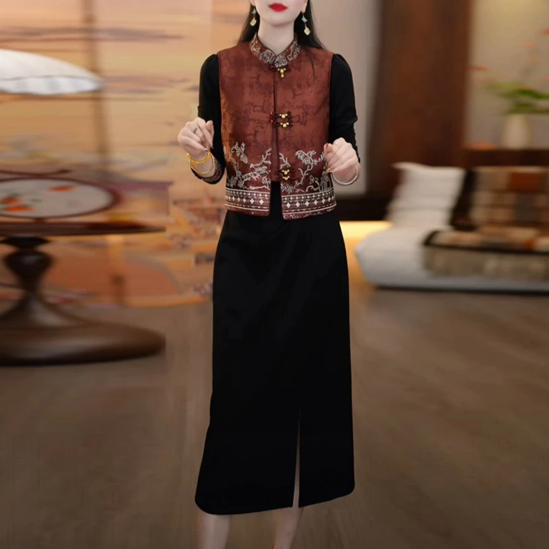 磨毛精纺新中式国风套装裙2025秋冬季新款加厚保暖两件套连衣裙子