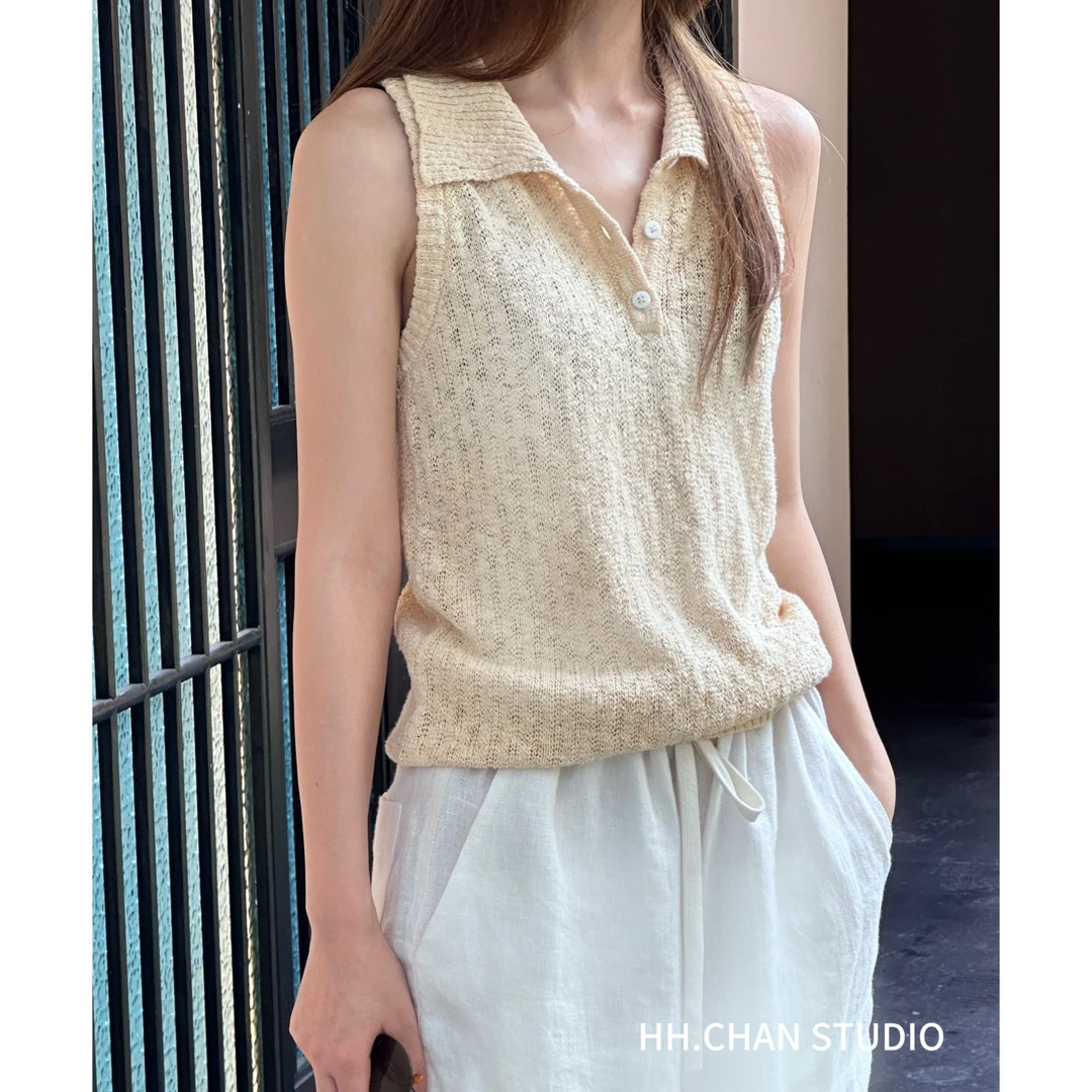 HH.CHAN“夏日绵绵”定制棉夏日温柔黄polo坎肩上衣HH53M37082