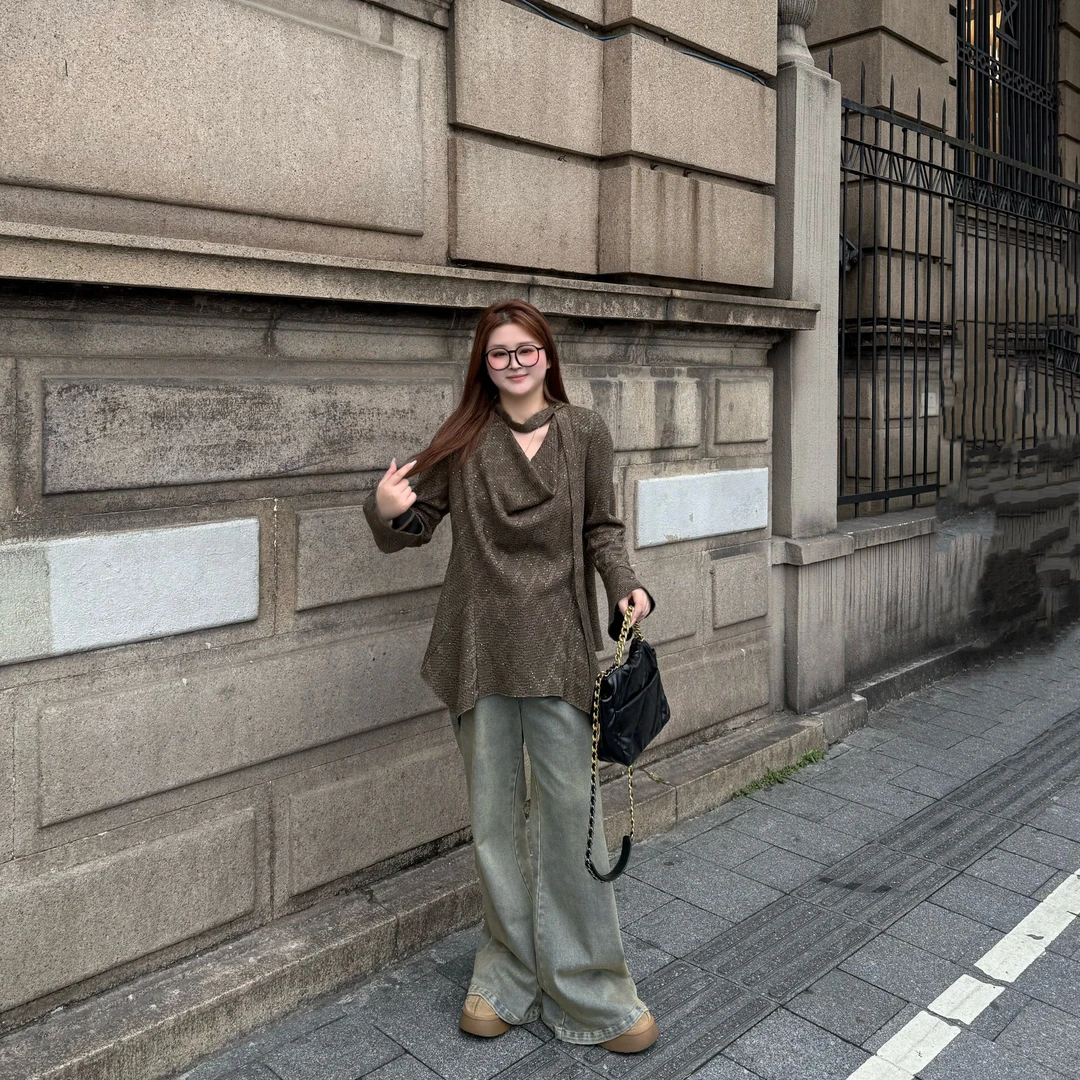 南岛风大码女装2025新款胖mm减龄针织荡领挂脖小衫上衣ZWW1017