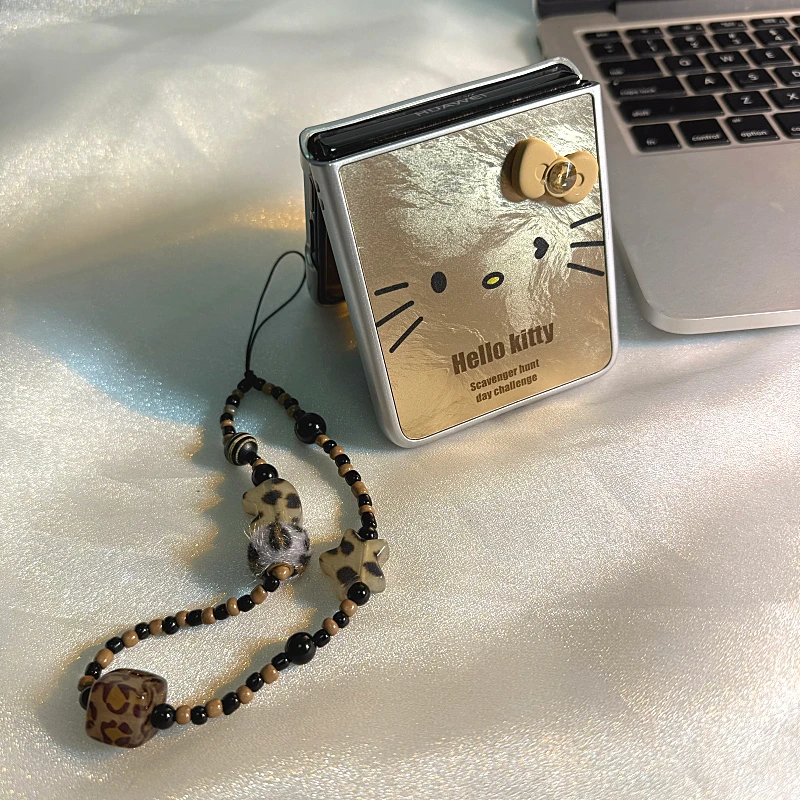 棕钻kt猫冰川纹碎珠适用三星zflip6/5手机壳荣耀vflip小折叠