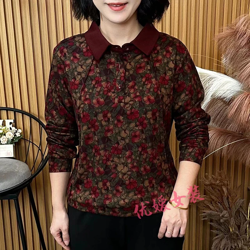 中老年女装秋季时尚翻领小花拼接宽松显瘦百搭洋气妈妈装长袖上衣