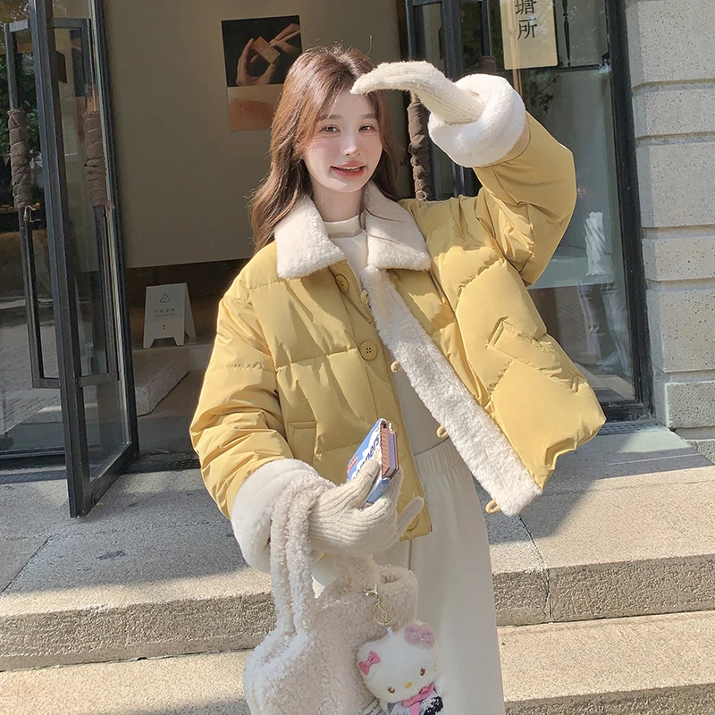羊羔毛领黄色羽绒服女冬季2025新款超好看短款小个子流行韩系