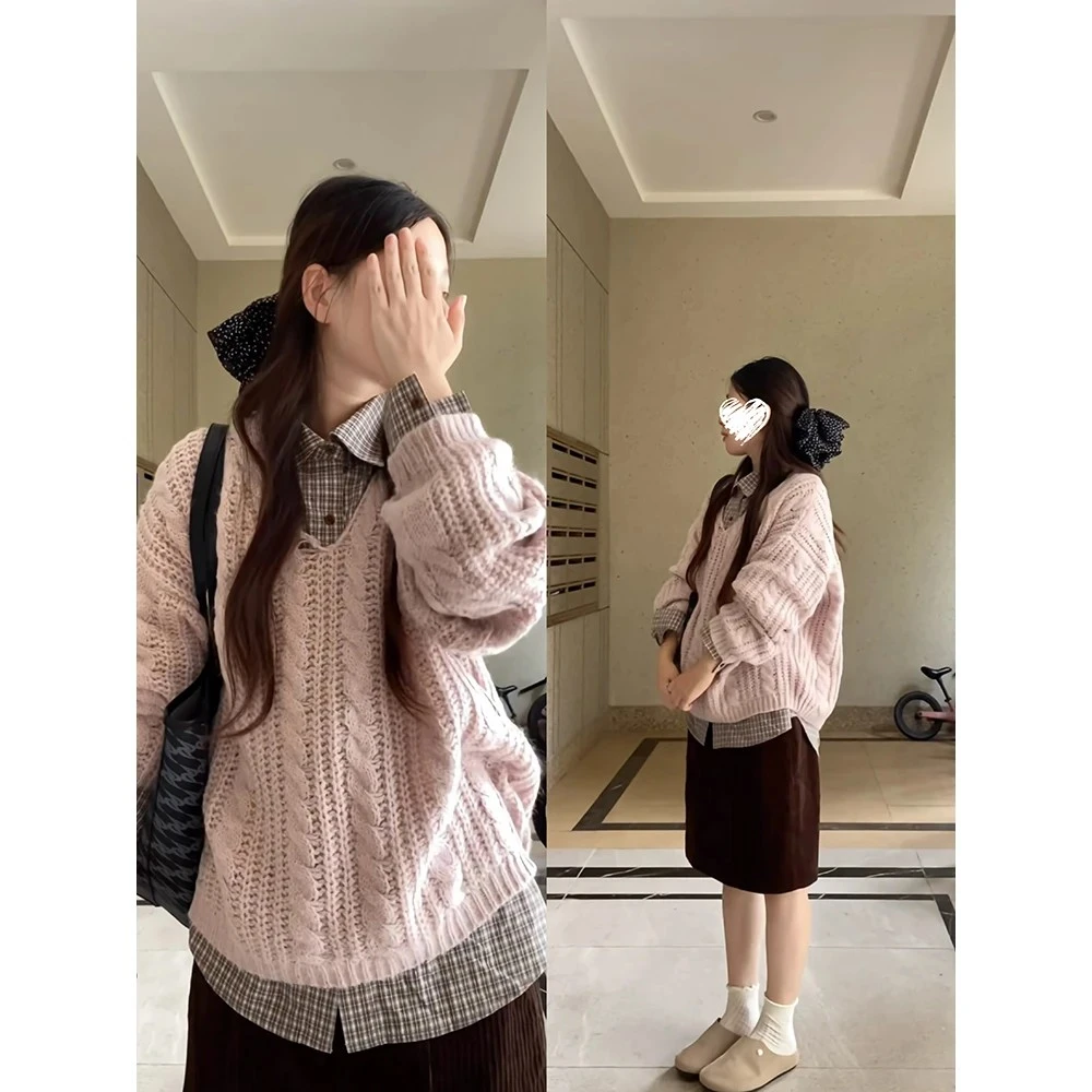 韩系V领麻花针织衫毛衣+复古格子衬衫+灯芯绒半身裙女套装 #C1238