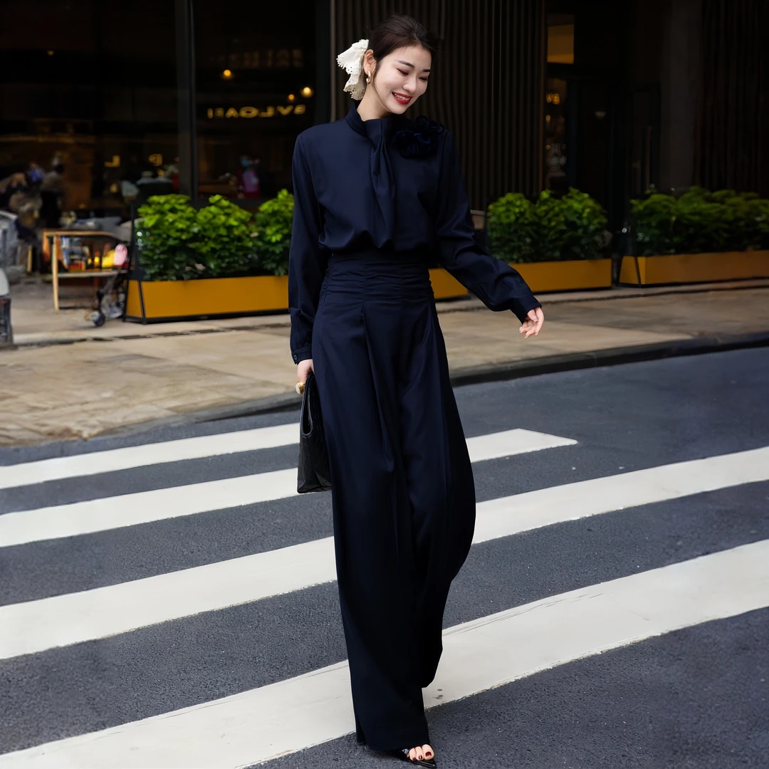 老钱风时尚套装女2025春秋新款御姐范藏蓝色西服阔腿裤休闲两件套