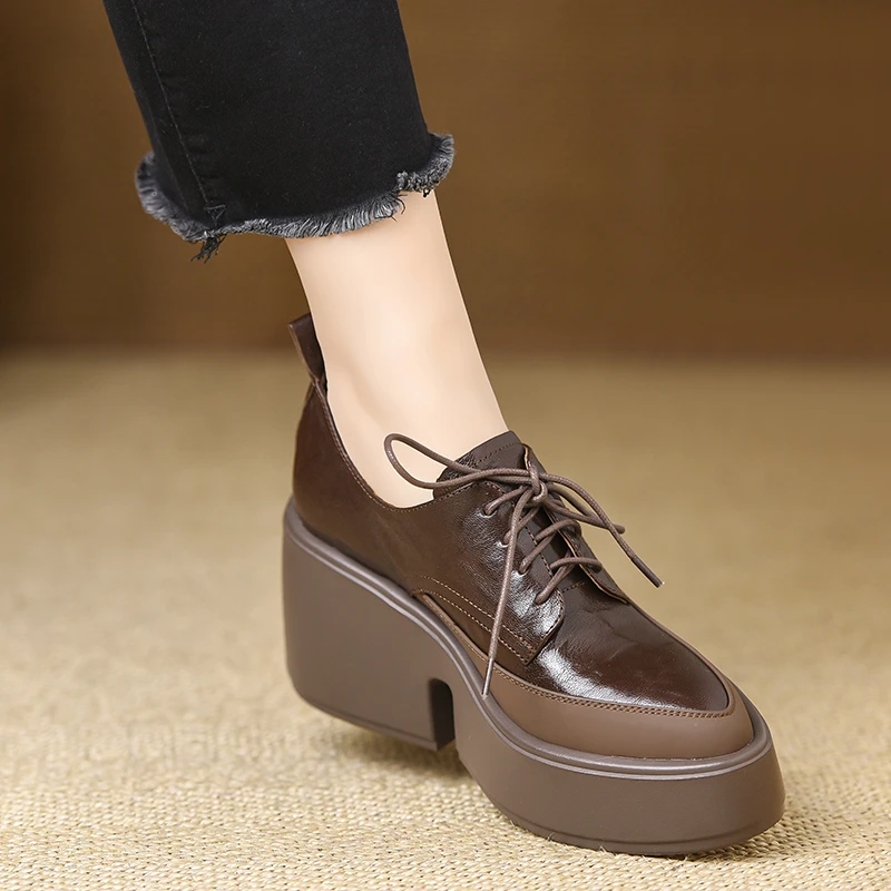 小个子增高女鞋8.5cm厚底松糕防水台高跟鞋子英伦风系带深口单鞋