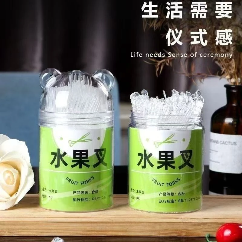 全新款加长加粗熊猫罐装一次性水果叉透明便携式水果叉