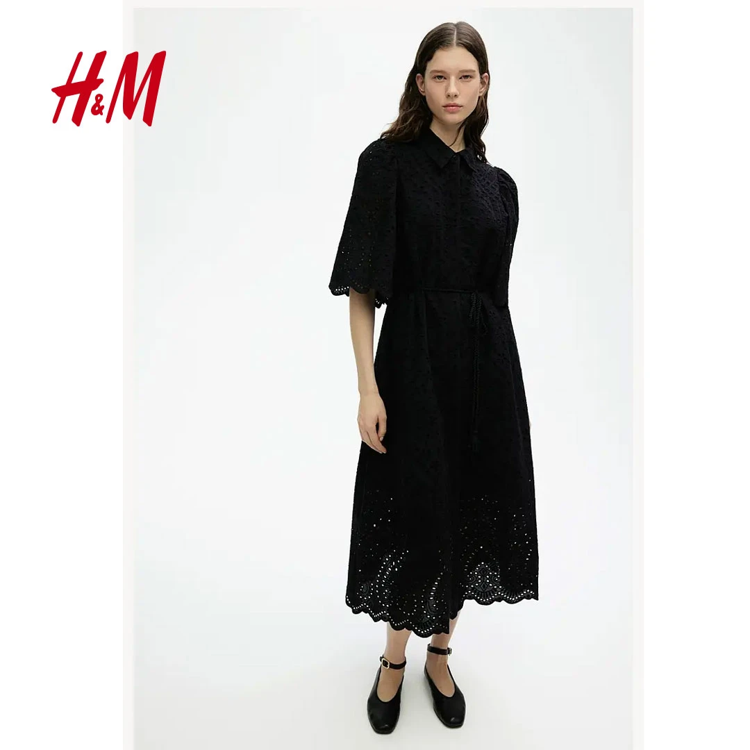 HM2025春新款女装财阀千金法式时尚镂空刺绣衬衫式连衣裙1265571