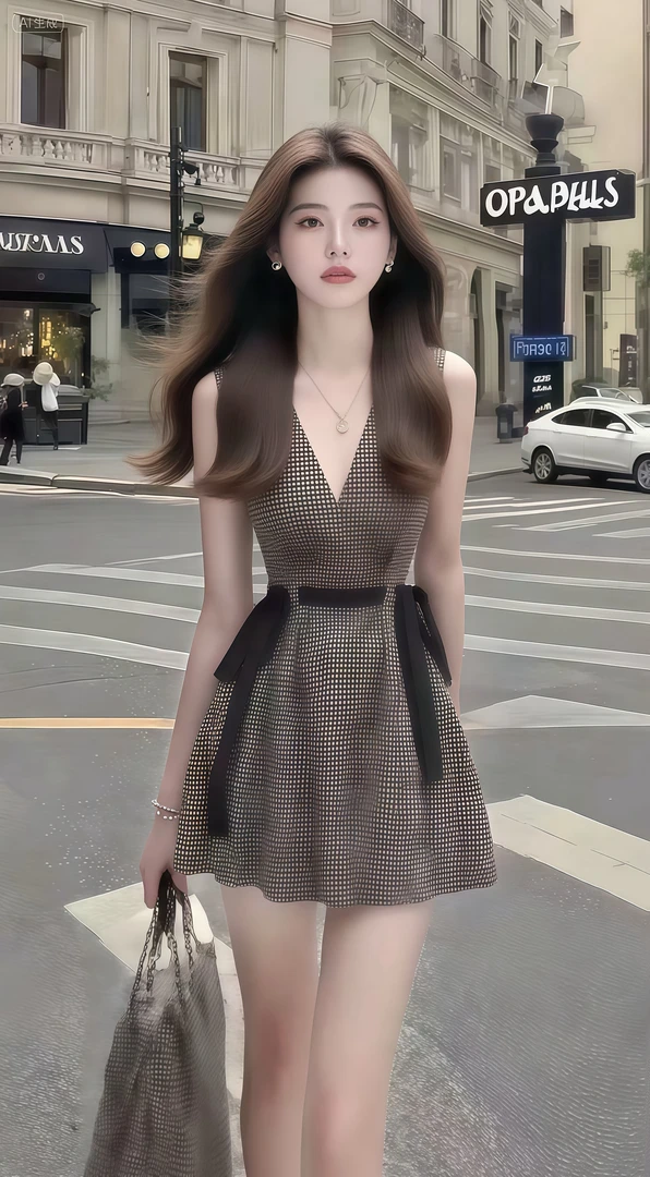 新款时尚温柔风V领无袖收腰设计感短裙格子连衣裙女高端大气女装