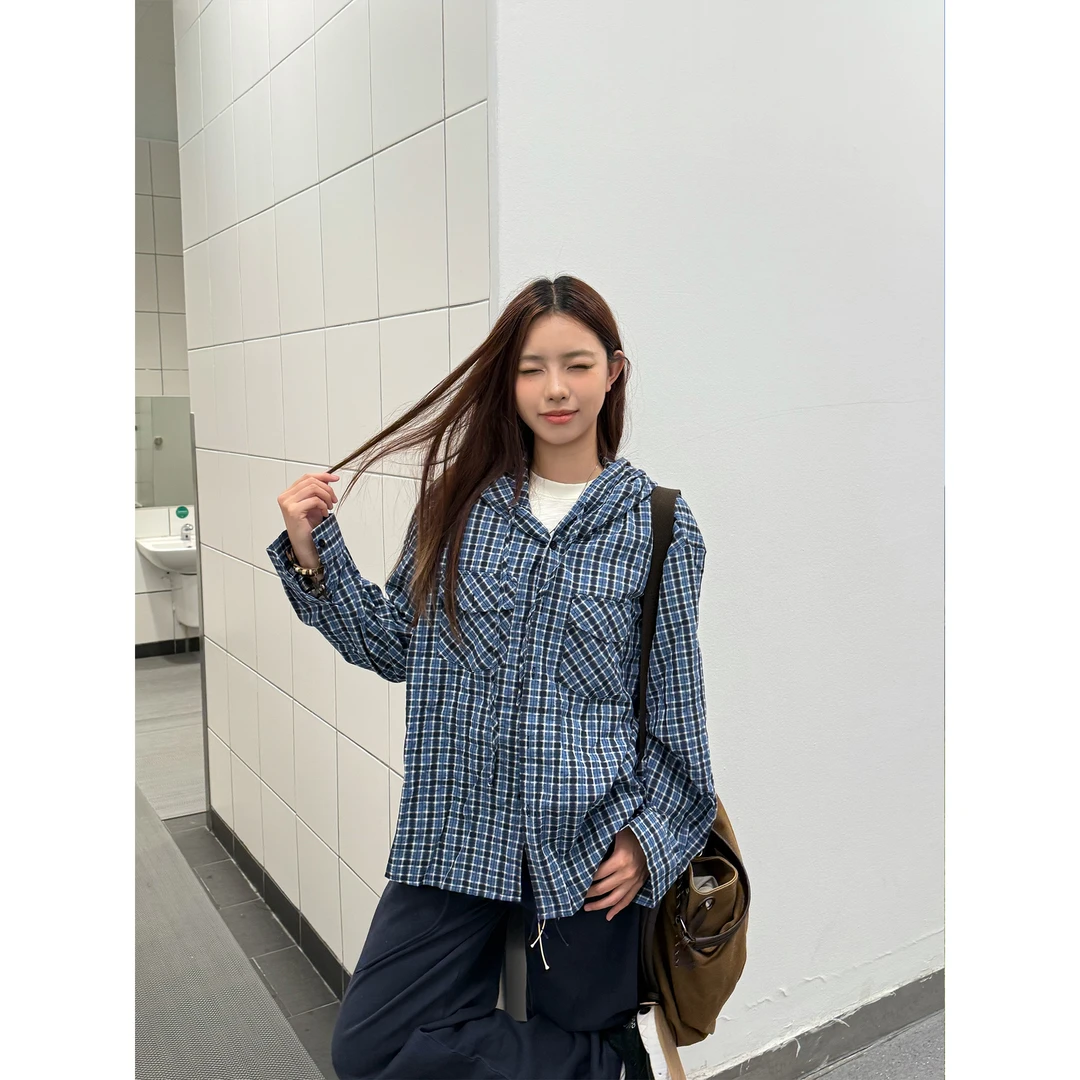 CBL菜不辣美式复古男女宽松休闲街头连帽格子长袖衬衫外套春秋