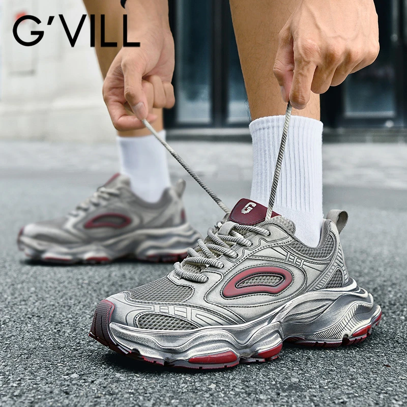 G'VILL/贵之步复古风户外运动休闲款百搭透气厚底增高老爹鞋男潮