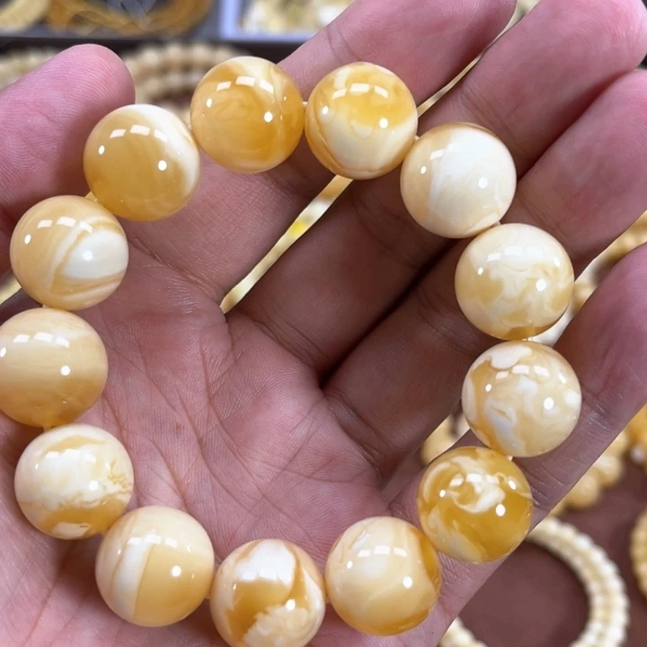 未镶嵌蜜蜡手串纯天然俄料白花金纹溶洞圆珠