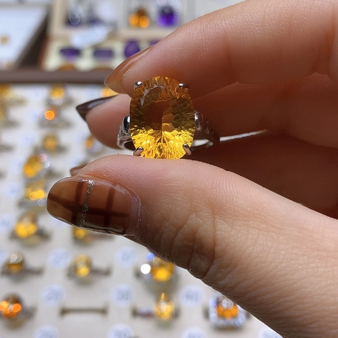 游***鱼戒指银S925镶嵌水晶纯天然黄水晶戒指J