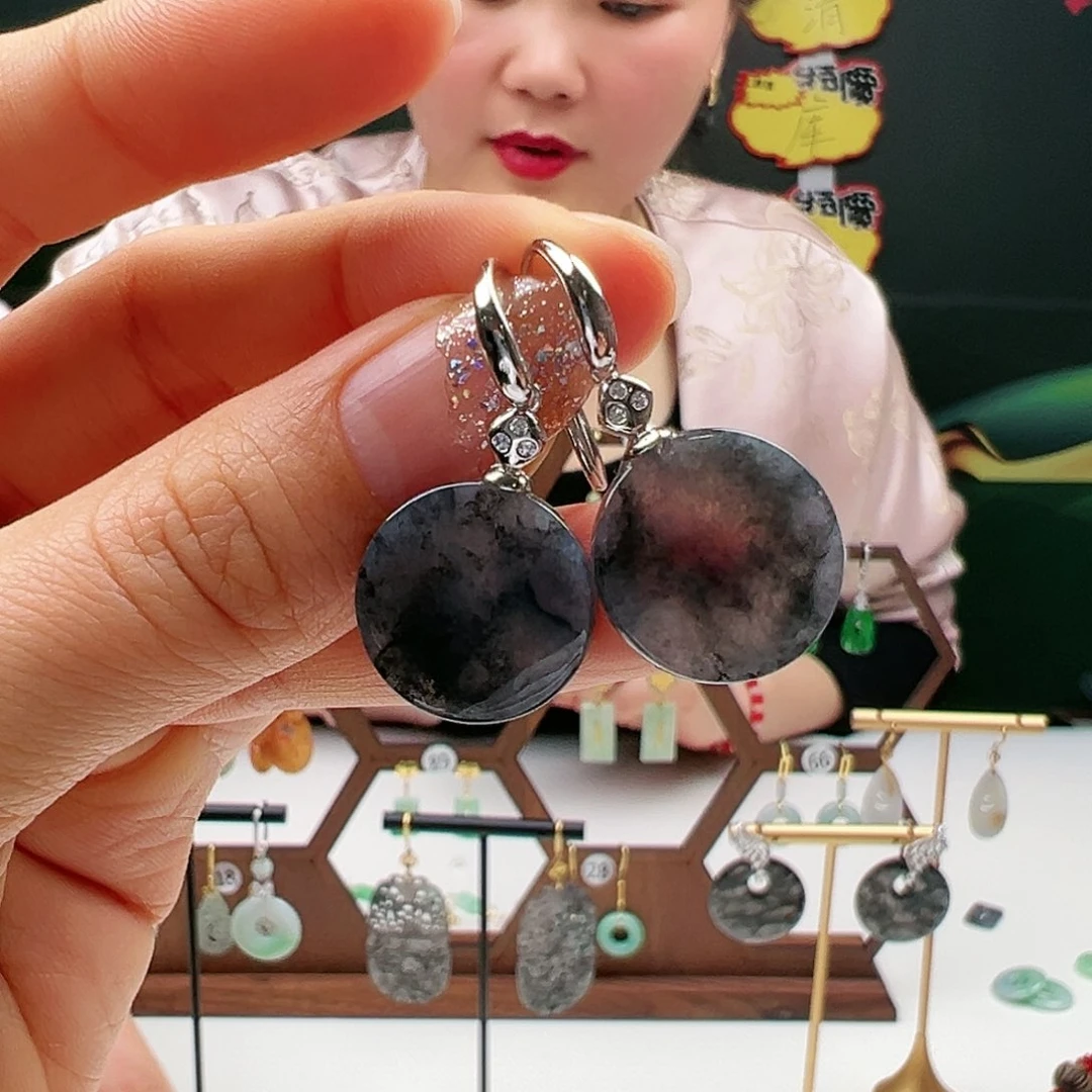 翡翠耳饰银S925镶嵌天然翡翠耳饰银s925镶嵌