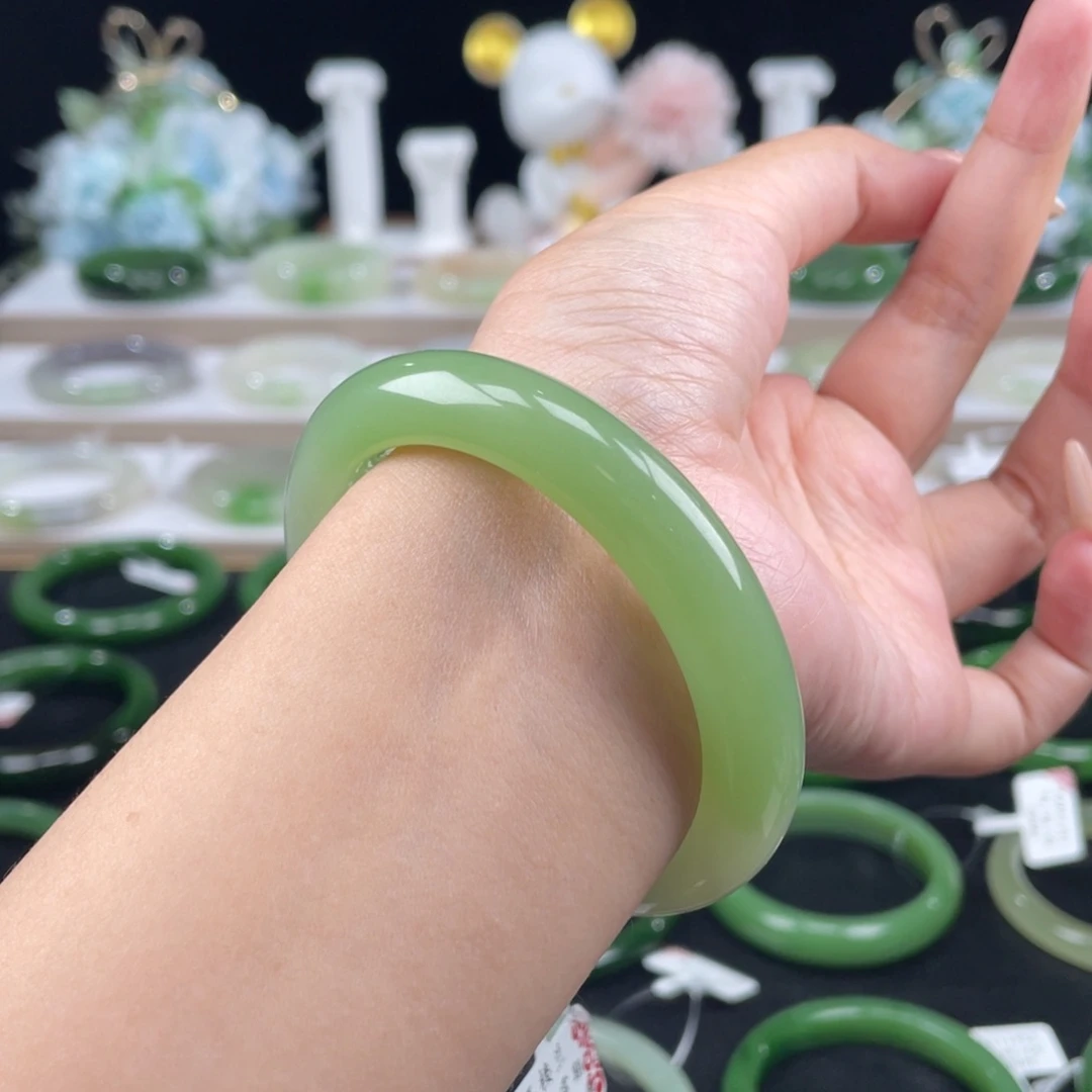 和田玉未镶嵌手镯青海半山水翠青55mm