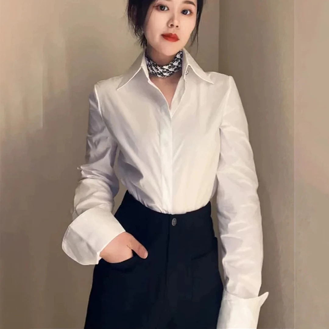 【商场同款】休闲翻领单排扣钉珠长袖衬衫通勤纯色职业衬衣5300865