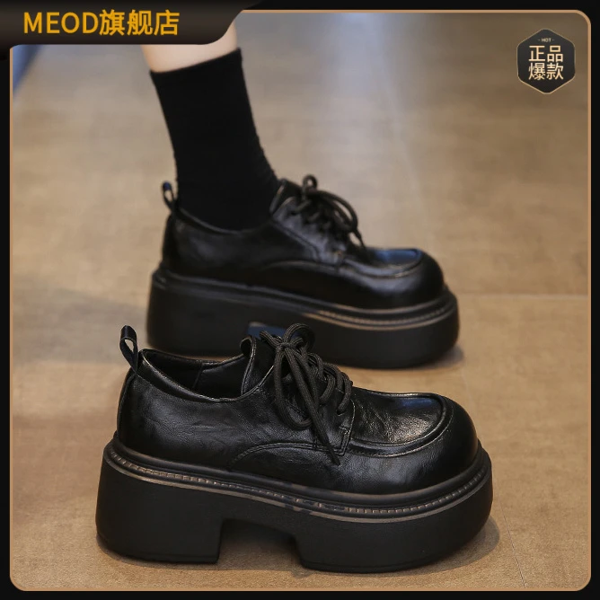MEOD黑色真皮加绒乐福鞋女2025秋冬新款黑绳厚底增高英伦风小皮鞋