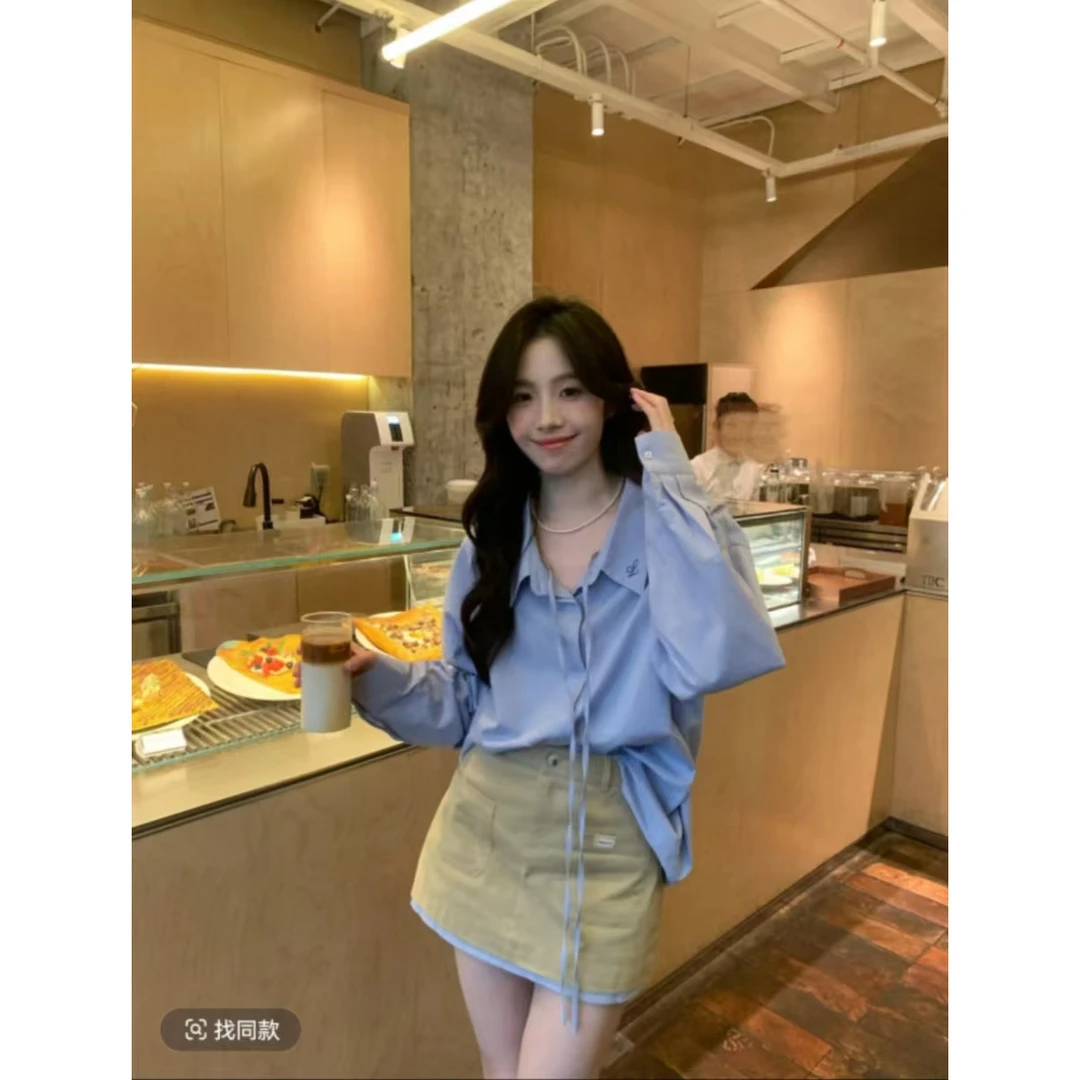 韩系高智感休闲显瘦春夏设计感蓝色飘带衬衫+高腰春夏撞色半身裙