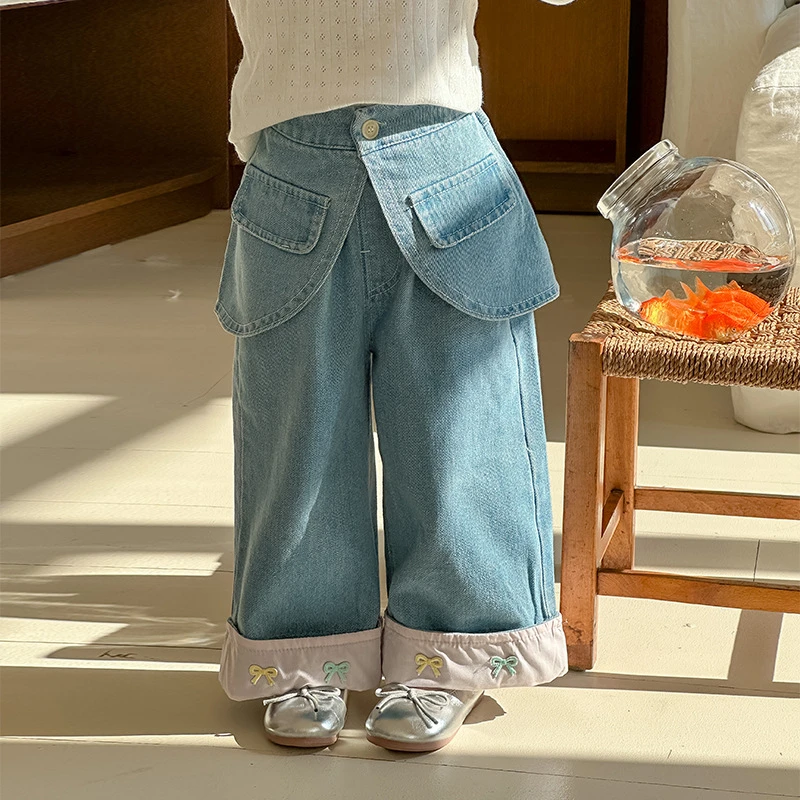 女童春装结直筒牛仔裤2025童装裤子女宝宝带屁帘牛仔长裤可拆
