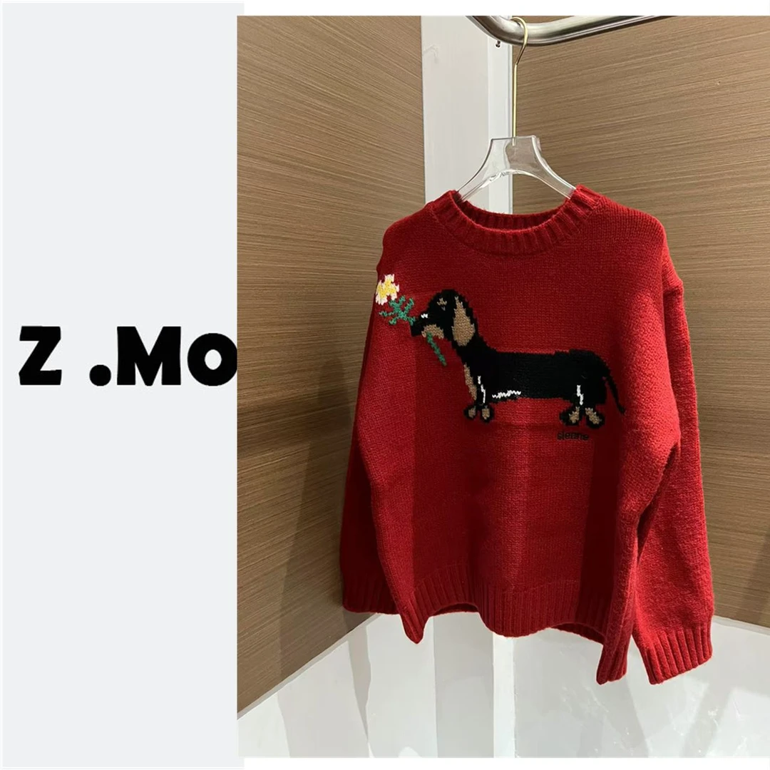 【圣诞红＆腊肠狗毛衣】趣味腊肠狗复古慵懒宽松圆领针织红色毛衣