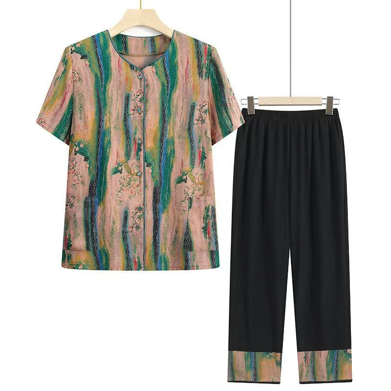 8788-奶奶夏装短袖衬衫套装裤子薄款大码女装宽松两件套【F仓】