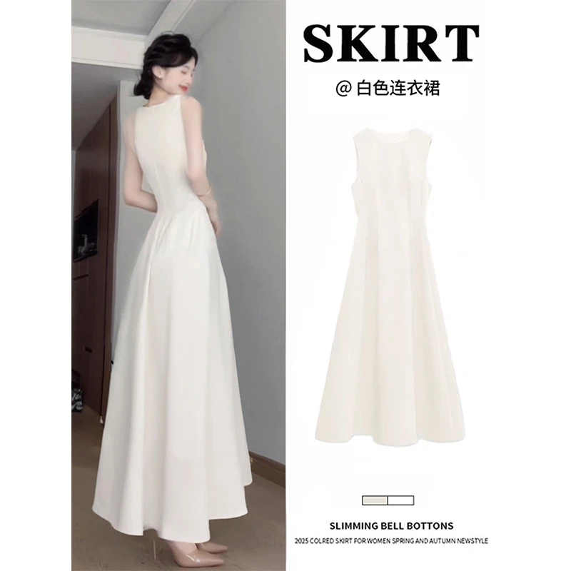 杏色赫本风连衣裙女高级感无袖长裙2025新款夏季白月光穿搭小裙子