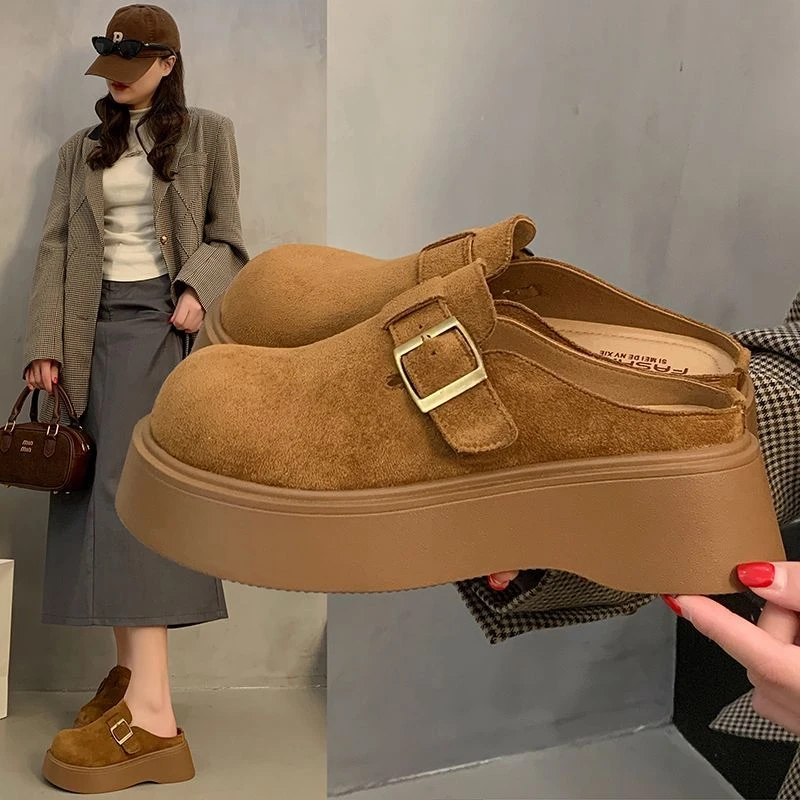 正品懒人松糕脚蹬厚底单鞋女2025春季新款外穿增高勃肯包头拖鞋女