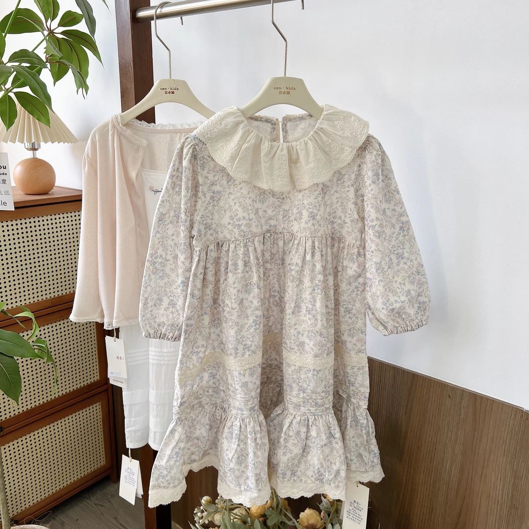 【棉布连衣裙】245418（碎花蓝）连衣裙 女童 娃娃领下摆花边 棉布裙