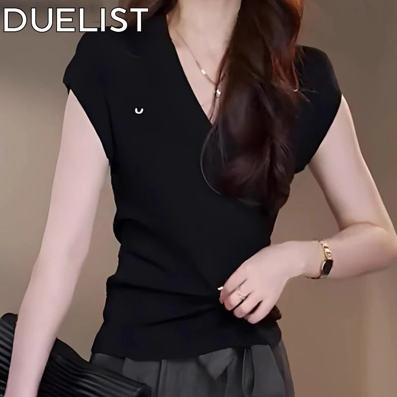 DUELIST夏季修身显瘦黑色短袖恤高级感上衣通勤风刺绣字母打底衫