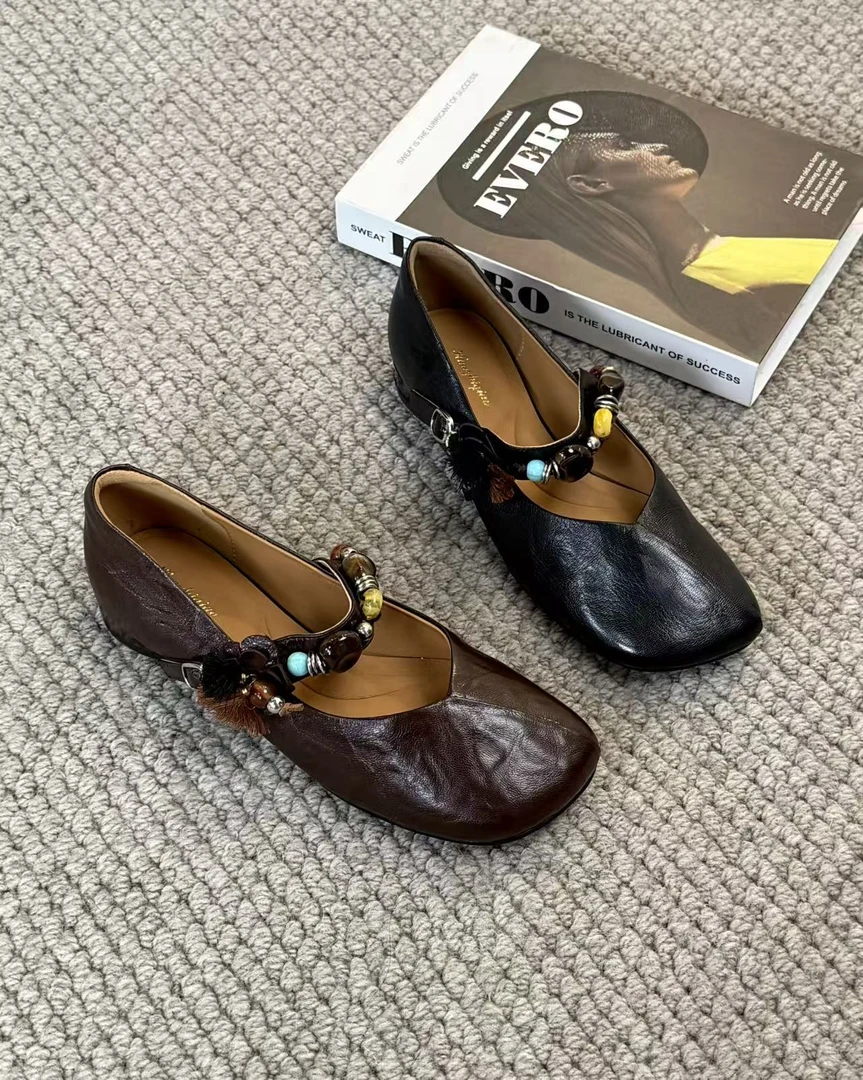 秋季新款玛丽珍鞋秋冬女鞋浅口一脚蹬百搭真皮羊皮方头制服鞋