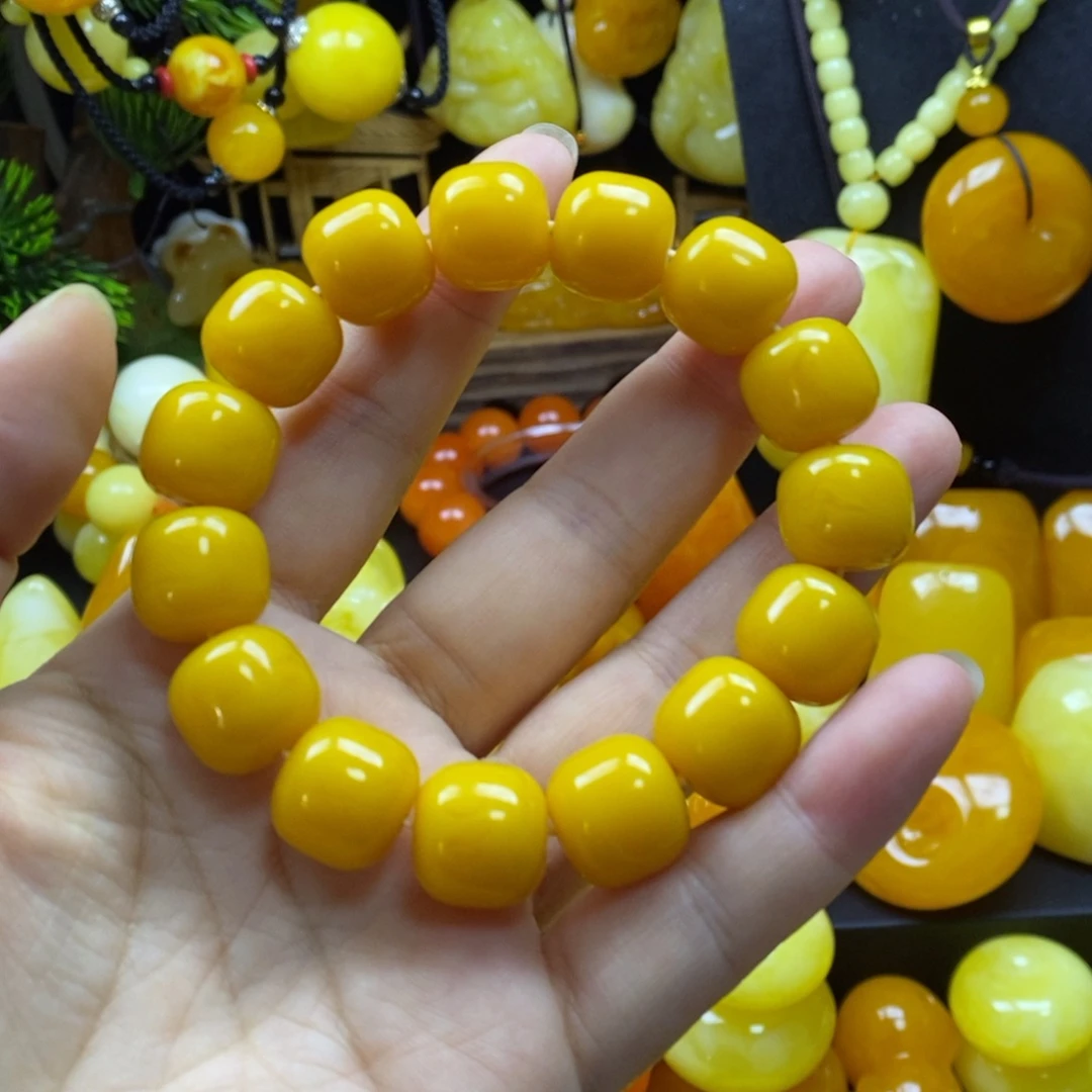 花***语石英石纯铜鸡油黄老型16手串