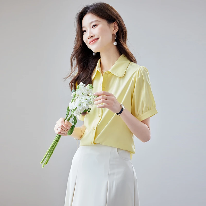 泡泡袖短袖黄色衬衫韩版法式雪纺衬衣百搭小众翻领法式衬衣工装