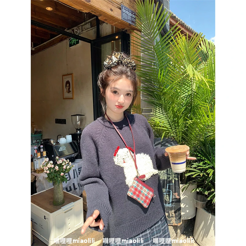 喵哩哩miaolili 韩系甜美减龄可爱狗狗立体蝴蝶结圆领毛衣女秋冬