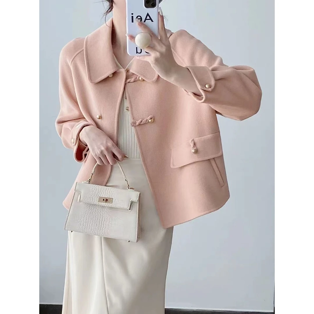 早春外套新中式胖mm小个子短款双面绒羊毛大衣廓形宽松呢子上衣女